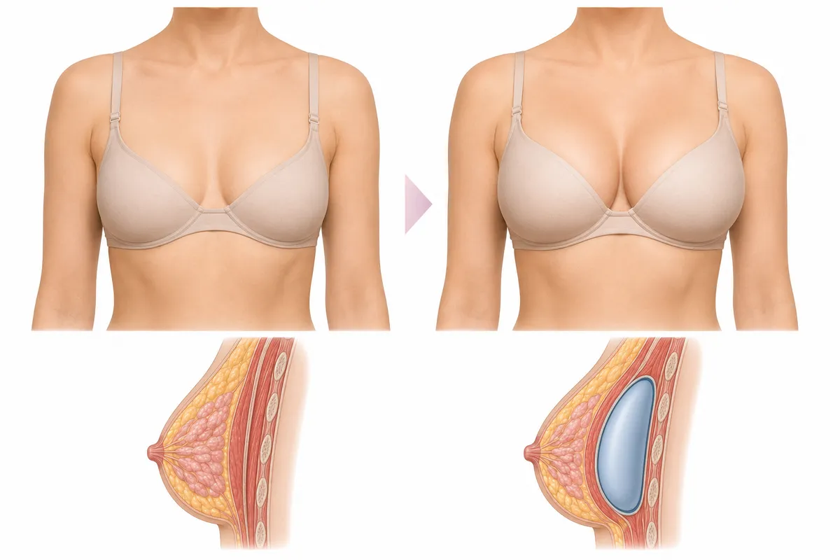 Augmentation mammaire, comparaison avant et après, avec une coupe sagittale montrant l'implant placé en avant du muscle pectoral